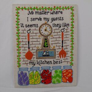 Completed Crewel Guests Kitchen Sampler 11.5" x 15" Board Mounted Handmade Vtg